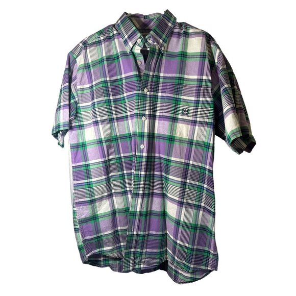 Cinch Men's Plaid Short Sleeve Shirt Size M Cotton Purple & Green - Picture 1 of 4